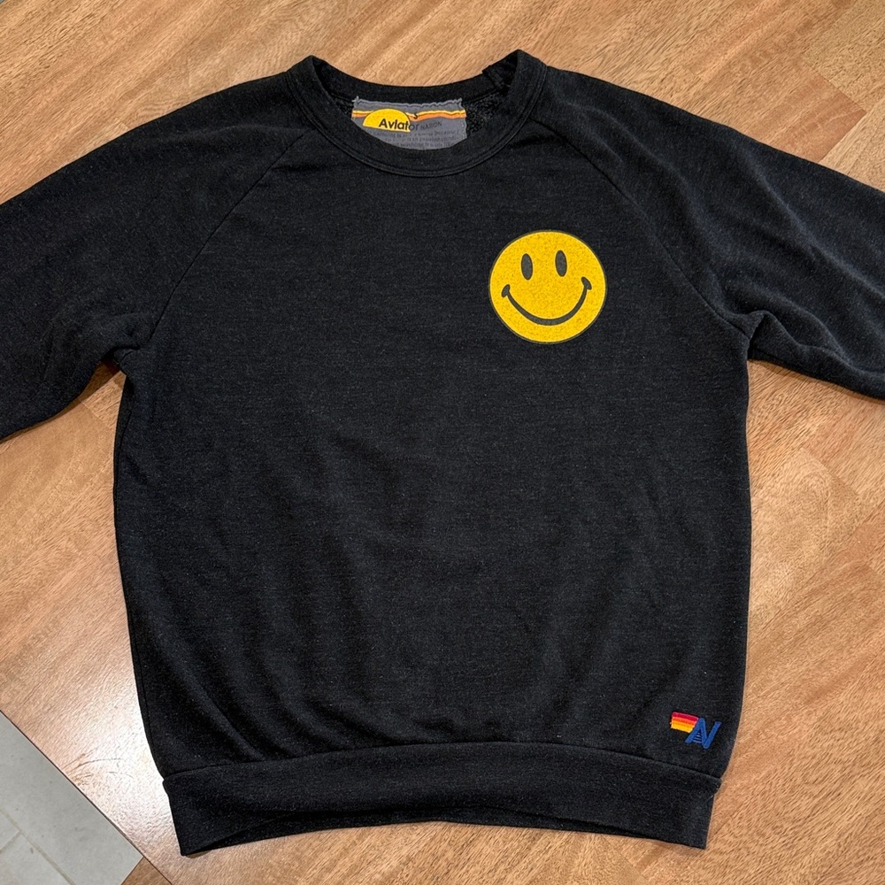 Aviator Nation Black Crewneck Sweater with Yellow Smiley